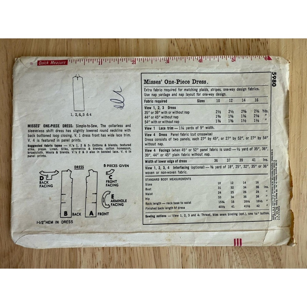 VTG‎ Simplicity Simple To Sew Pattern 5980 Misses' One-Piece Dress Size 14 Cut - Picture 2 of 4